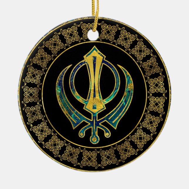 Gold and Marble Khanda symbol Ceramic Tree Decoration (Front)