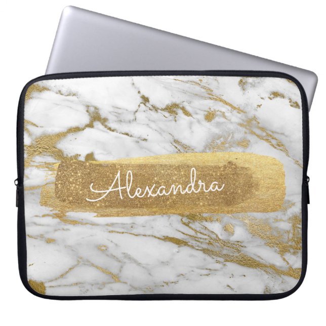 Gold and Marble with Gold Foil and Glitter Laptop Sleeve (Front)