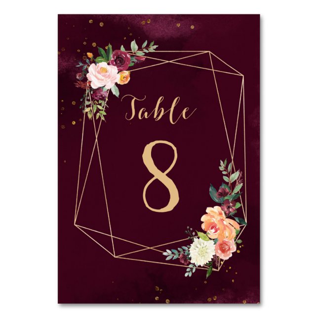 Gold and Maroon Floral Watercolor Wedding Table Number (Front)