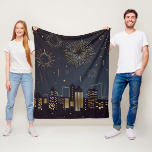 Gold and midnight-blue cityscape with fireworks fleece blanket