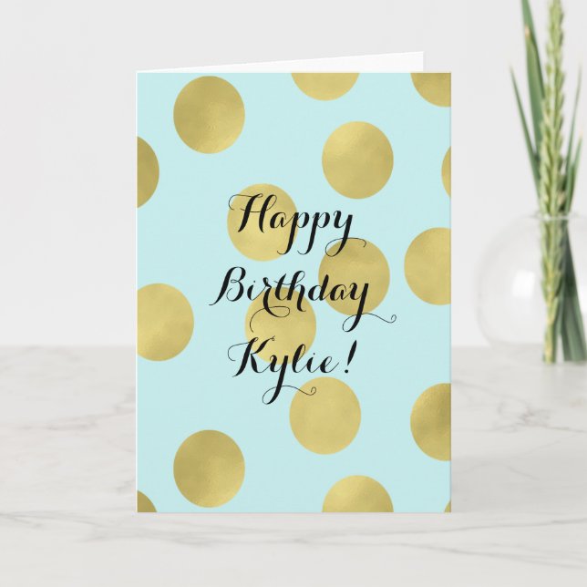 Gold and Mint Blue Dots Birthday Personalised Card (Front)