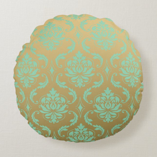 Gold and Mint Classic Damask Round Cushion (Front)