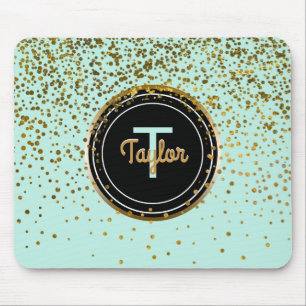 Gold and Mint Glam Confetti Dots Green Monogram Mouse Pad