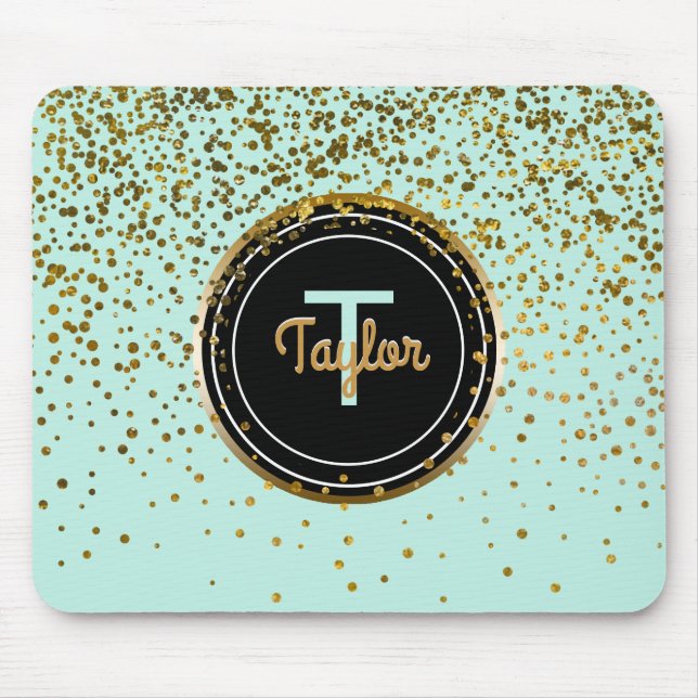 Gold and Mint Glam Confetti Dots | Green Monogram Mouse Pad (Front)