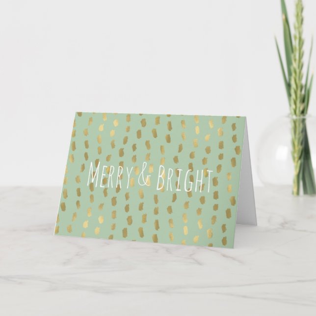Gold and Mint Glam Dots Merry and Bright Holiday Card (Front)