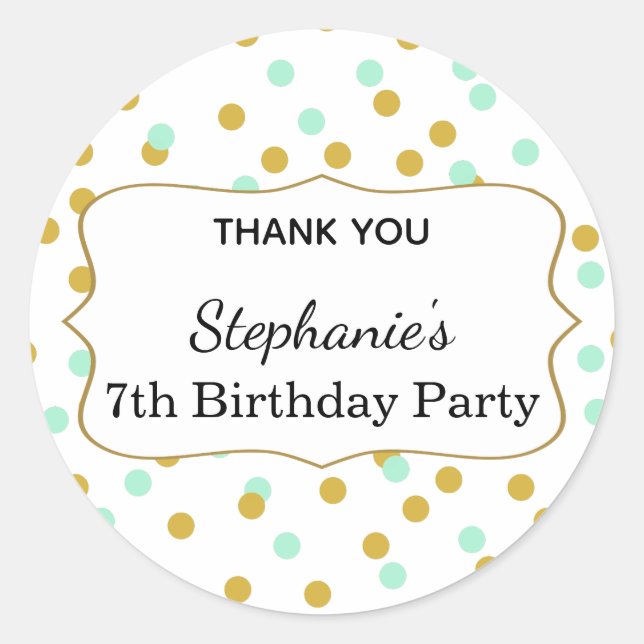 Gold and Mint Green Confetti Birthday Party Classic Round Sticker (Front)