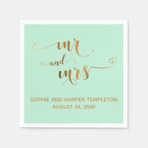 Gold and Mint Mr and Mrs Calligraphy with Hearts Napkin