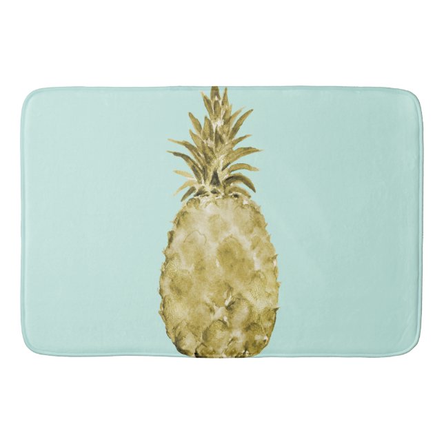 Gold and Mint Watercolor Pineapple Bath Mat (Front)