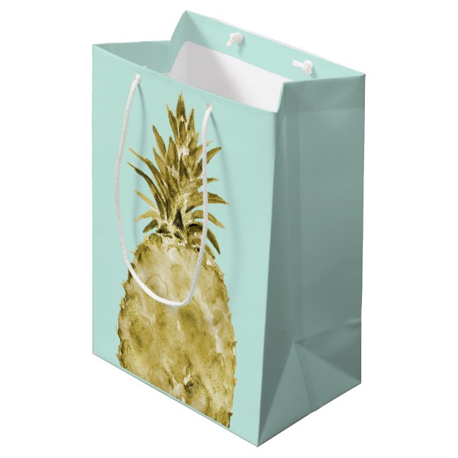 Gold and Mint Watercolor Pineapple Medium Gift Bag (Front Angled)