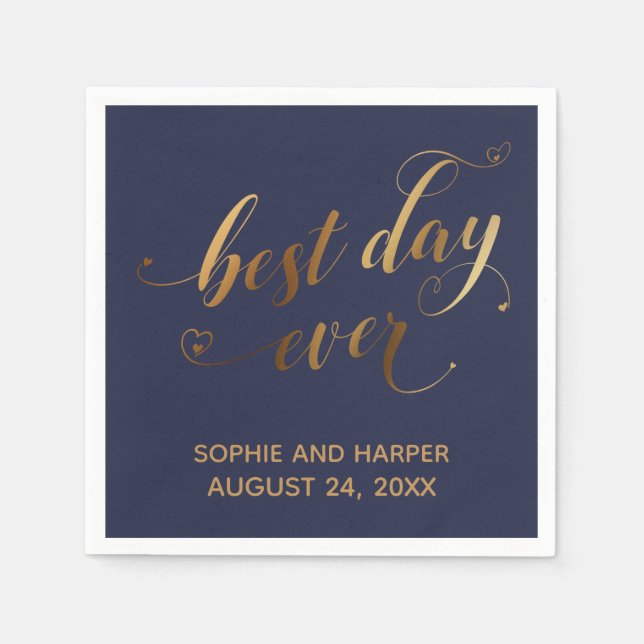 Gold and Navy Best Day Ever, Calligraphy w/ Hearts Napkin (Front)