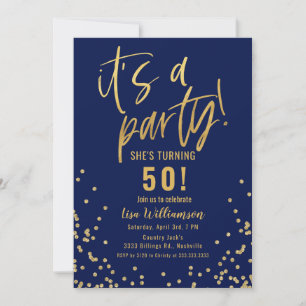 Gold and Navy Blue 50th Birthday Party Invitation