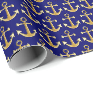 Gold and Navy Blue Anchor Design Wrapping Paper