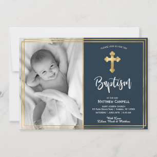 Gold and Navy Blue Baptism Baptism Invitation
