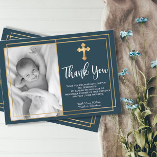 Gold and Navy Blue Baptism Photo Thank You Cards