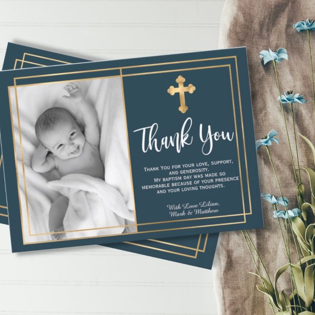 Gold and Navy Blue Baptism Photo Thank You Cards (Creator Uploaded)
