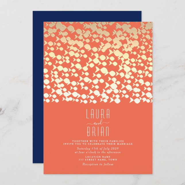 Gold and Navy Blue Beach Wedding Invitation (Front/Back)