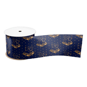 Gold and Navy Blue Christmas Bells Satin Ribbon
