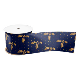 Gold and Navy Blue Christmas Holly Satin Ribbon