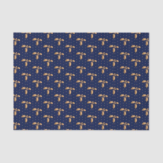 Gold and Navy Blue Christmas Holly Tissue Paper (Front)
