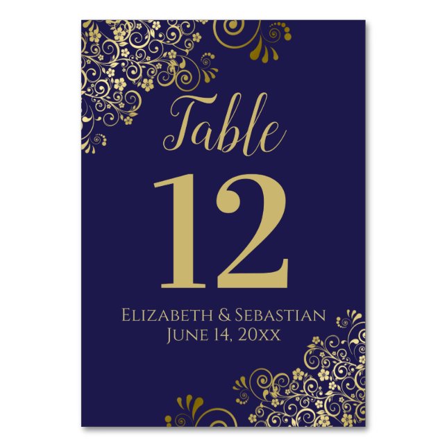 Gold and Navy Blue Elegant Frilly Wedding Table Number (Front)