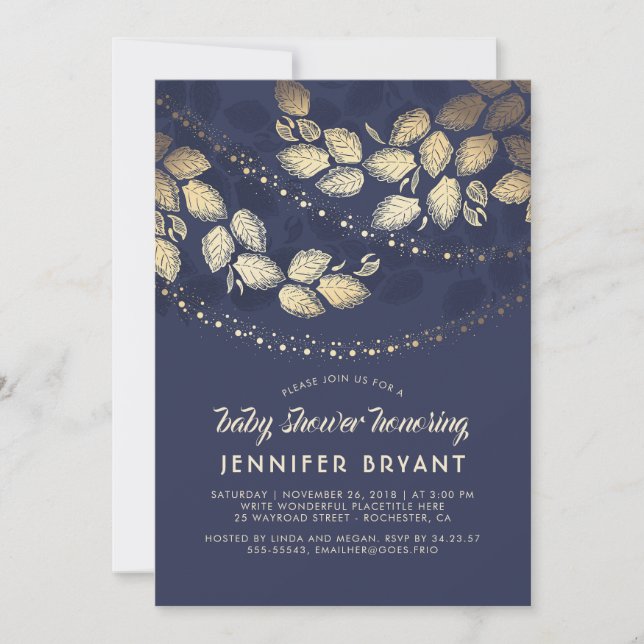 Gold and Navy Blue Elegant Tree Lights Baby Shower Invitation (Front)