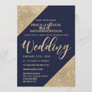 Gold and Navy Blue Faux Glitter Sequin Wedding Invitation