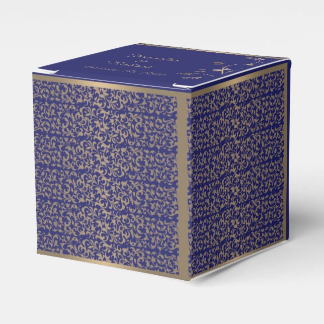 Gold and Navy Blue Filigree Wedding Favour Box (Front Side)