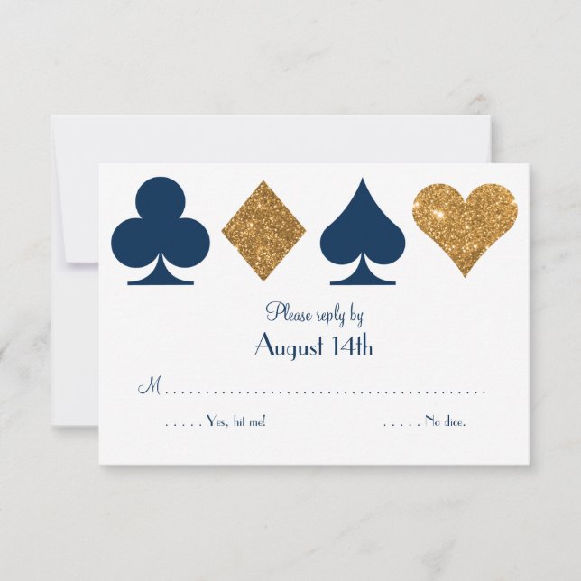 Gold and Navy Blue Las Vegas Wedding Reply Card (Front)
