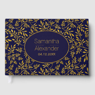 Gold and navy blue leaves wedding guest book