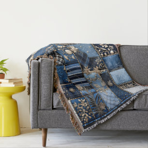 Gold and Navy Blue Light Blue Denim Look Throw Blanket