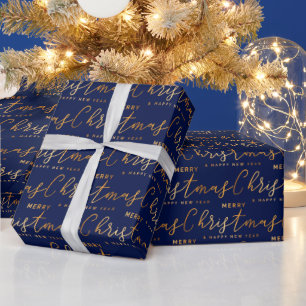 Gold and Navy Blue Merry Christmas Word Art Wrapping Paper