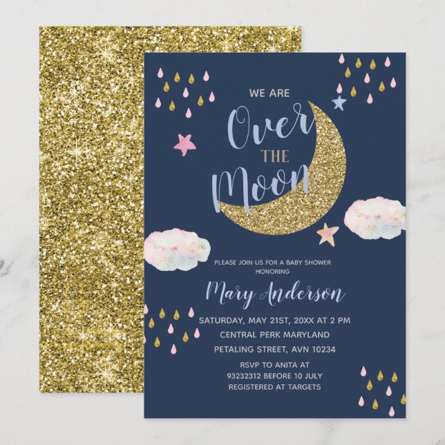 Gold and Navy Blue Moon Baby Shower Invitation (Front/Back)
