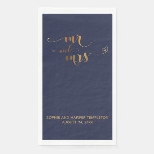 Gold and Navy Blue Mr and Mrs Calligraphy w Hearts Napkin