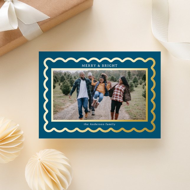 Gold and Navy Blue Preppy Scallop Photo Frame Foil Holiday Card (A scalloped metallic foil frame gives your photo a preppy Kate spade vibe on dark navy blue)