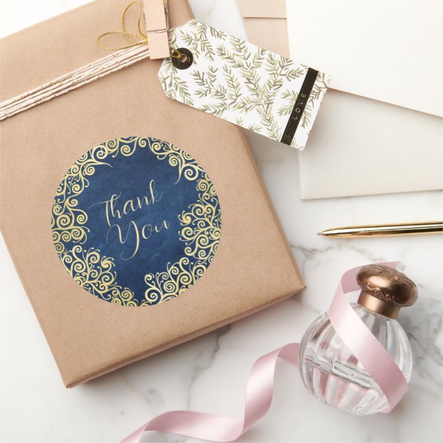    Gold and Navy Blue Swirls Classy Boho Thank You Classic Round Sticker (Gifting)