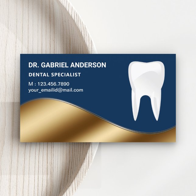 Gold and Navy Blue Tooth Dental Clinic Dentist Business Card (Creator Uploaded)
