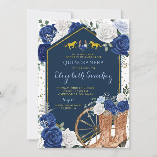 Gold and Navy Blue Western Charra Quinceañera Invitation (Front)