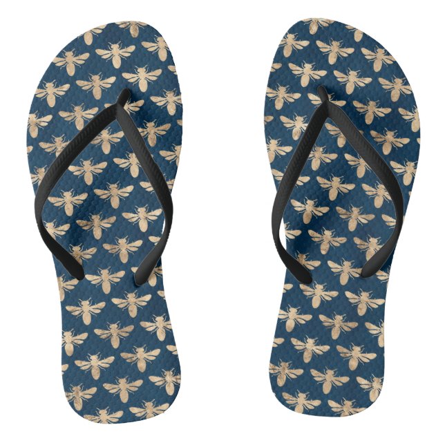 Gold and navy bumble bees summer beach thongs (Footbed)