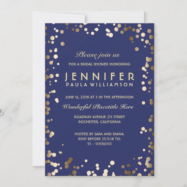 Gold and Navy Confetti Vintage Bridal Shower Invitation (Front)