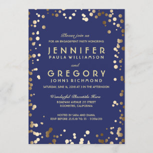 Gold and Navy Confetti Vintage Engagement Party Invitation