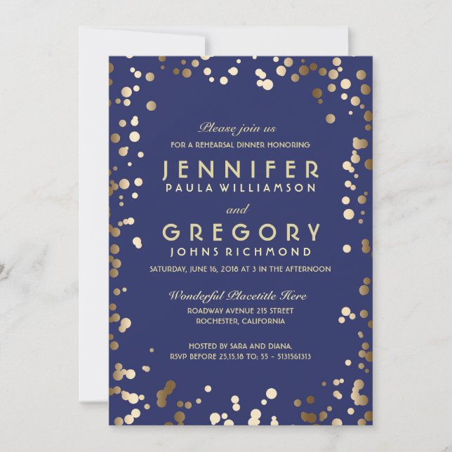 Gold and Navy Confetti Vintage Rehearsal Dinner Invitation (Front)