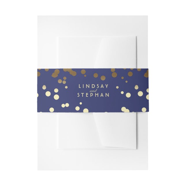 Gold and Navy Elegant Confetti Dots Wedding Invitation Belly Band (Front Example)