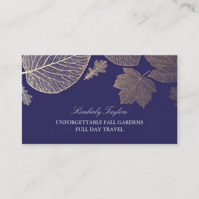 Gold and Navy Fall Leaves Elegant Business Card (Front)