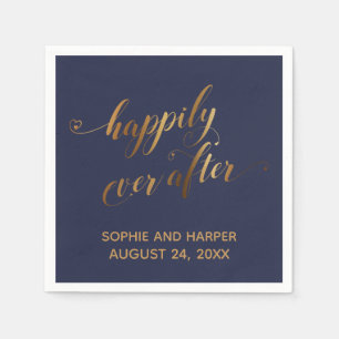 Gold and Navy Happily Ever After Hearts Script Napkin