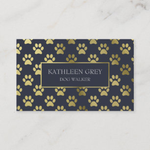 Gold And Navy Paw Print Pattern   Dog Walker Business Card
