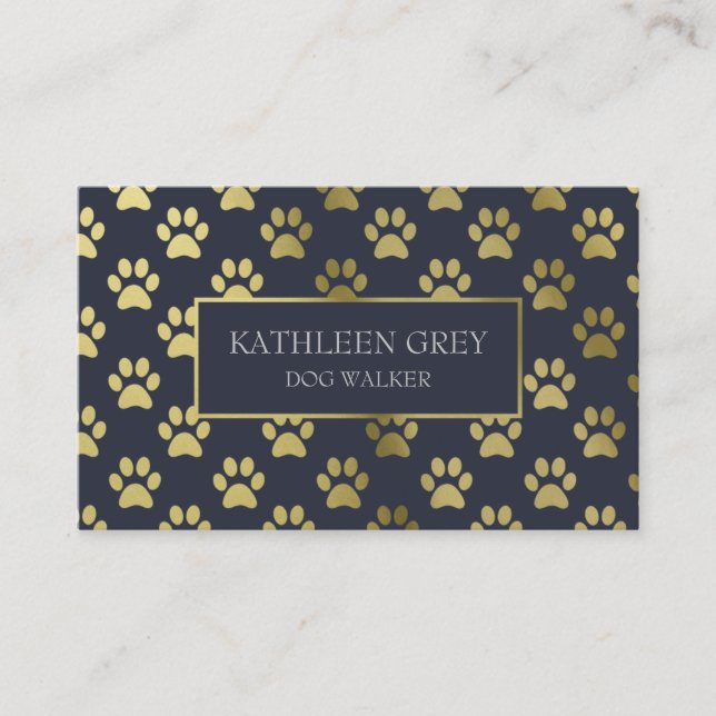 Gold And Navy Paw Print Pattern | Dog Walker Business Card (Front)