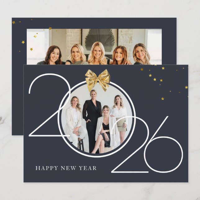Gold and Navy Photo Happy New Year Greeting Card (Front/Back)