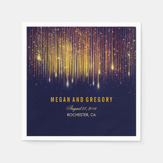 Gold and Navy String Lights Glitter Wedding Napkin (Front)