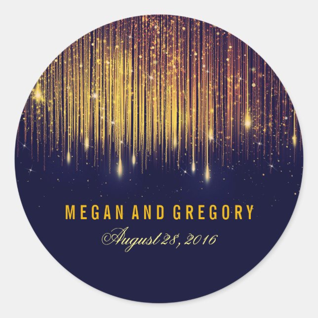 Gold and Navy String Lights Wedding Classic Round Sticker (Front)