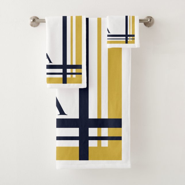 Gold and Navy Stripe Personalised Design  Bath Towel Set (Insitu)